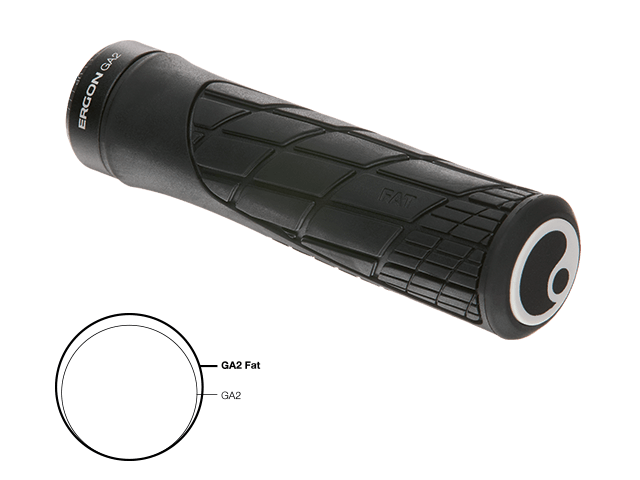 Ergon GA2 FAT grips, designed for larger hands, offering extra damping and comfort for enhanced riding experience.
