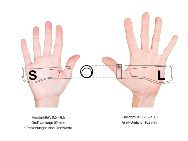 Size comparison for Ergon GA-3 grips showing small and large hand sizes for optimal fit.