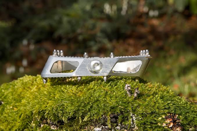 A silver metallic bicycle chain guard with a central dial and side cutouts, resting on a green mossy log with a blurred forest background. brisbane