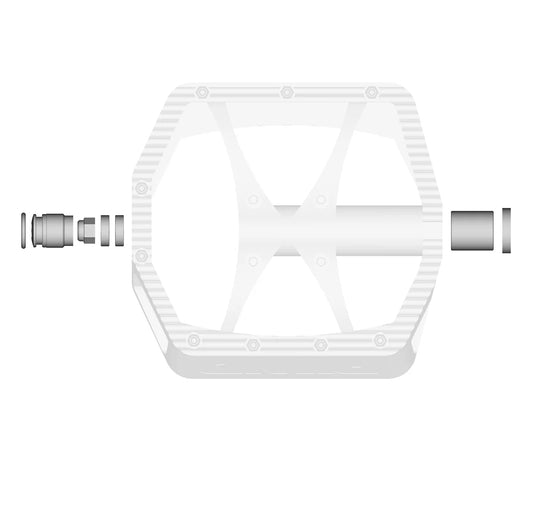 A white bicycle pedal with a matching silver threaded spindle and seat post clamp, shown against a solid white background.